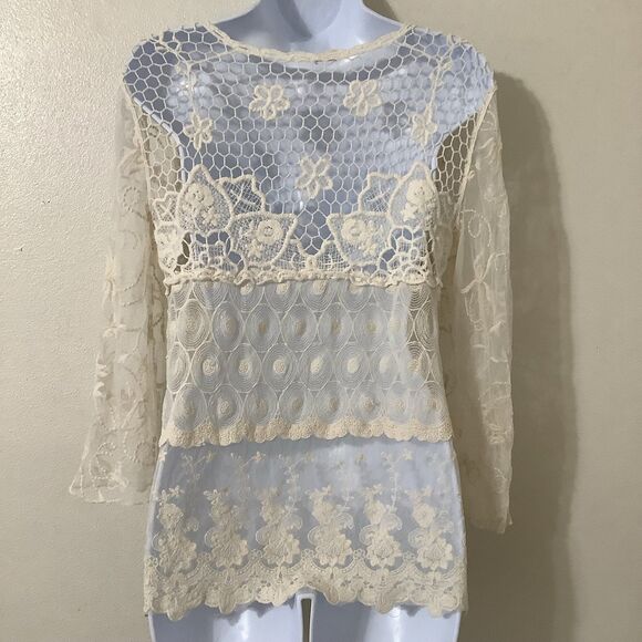 Cream Sheer Lace Crochet Fairycore Fairy Bohemian Hippie Boho Lagenlook Top M - Picture 4 of 7